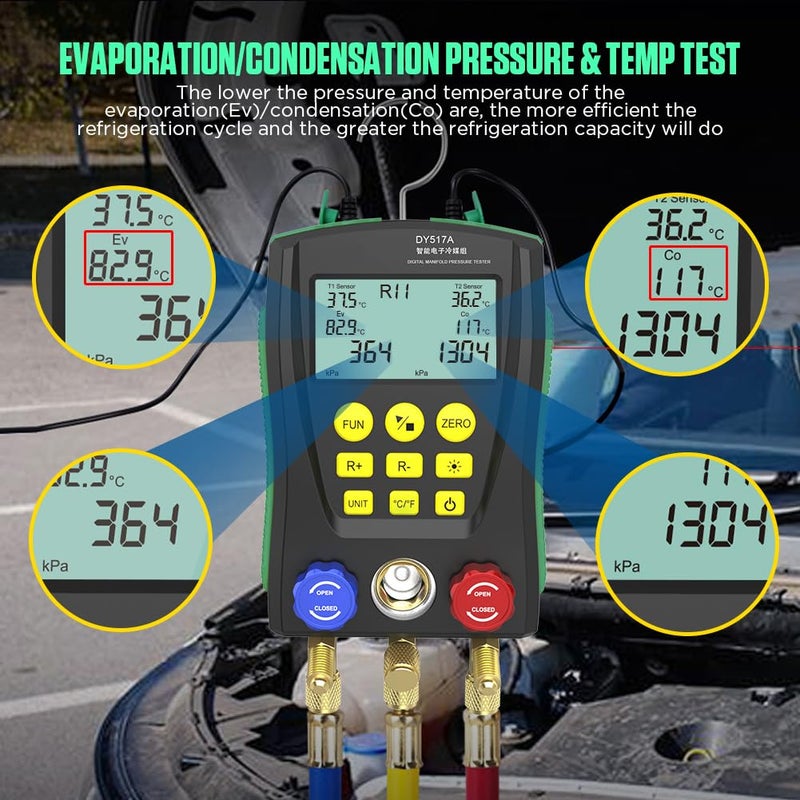 KAISAL HVAC Gauges Digital Manifold Gauge Set Dual Pressure&Temp Test 89 Refrigerant Gauges R22 R134A R410A Refrigerant Recharge Kit HVAC Manifold Vacuum AC Gauge with Hoses for Air Conditioning/Refrigerator - Image 3